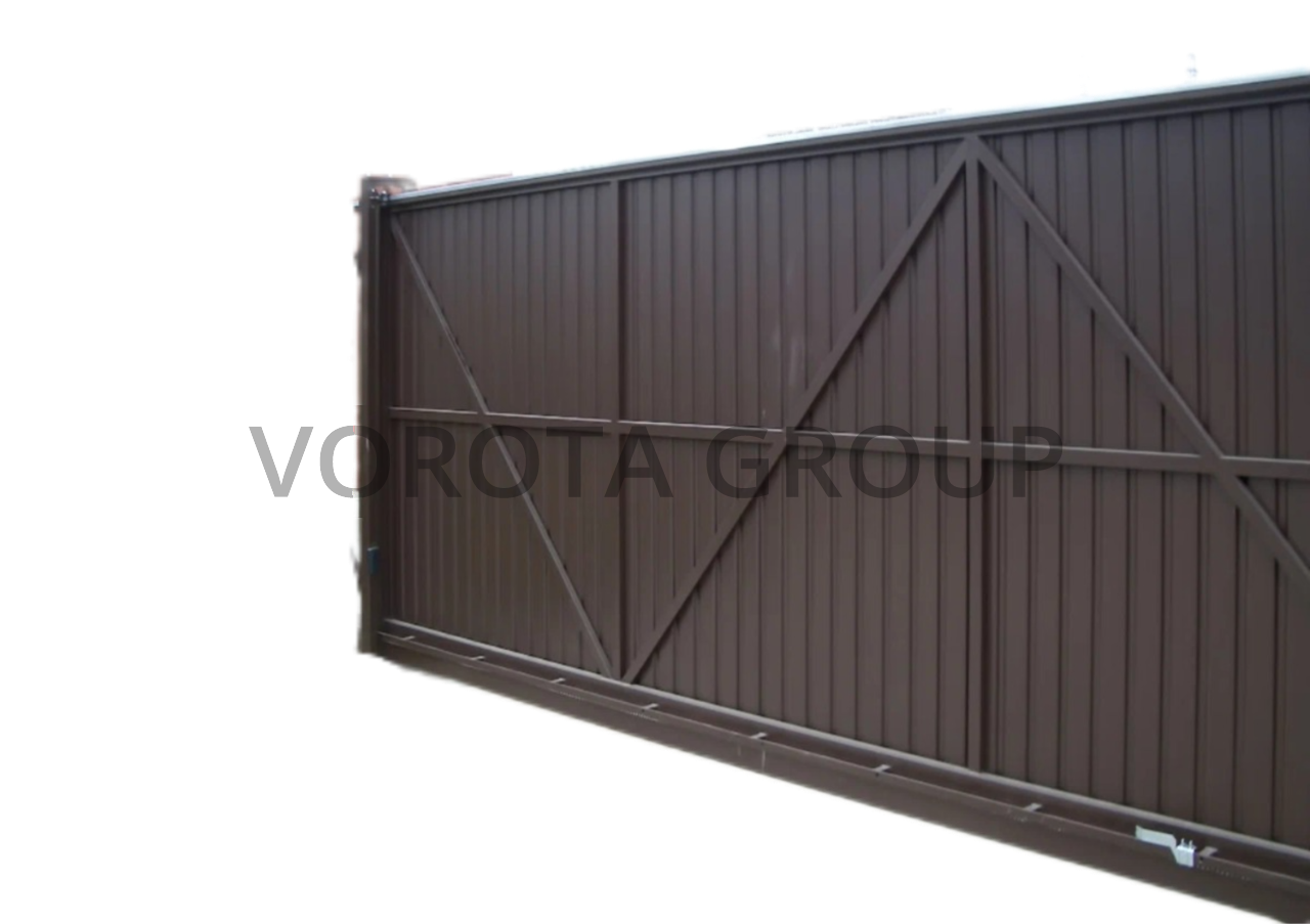 Откатные ворота из профнастила Alutech коричневого цвета 3100x2100